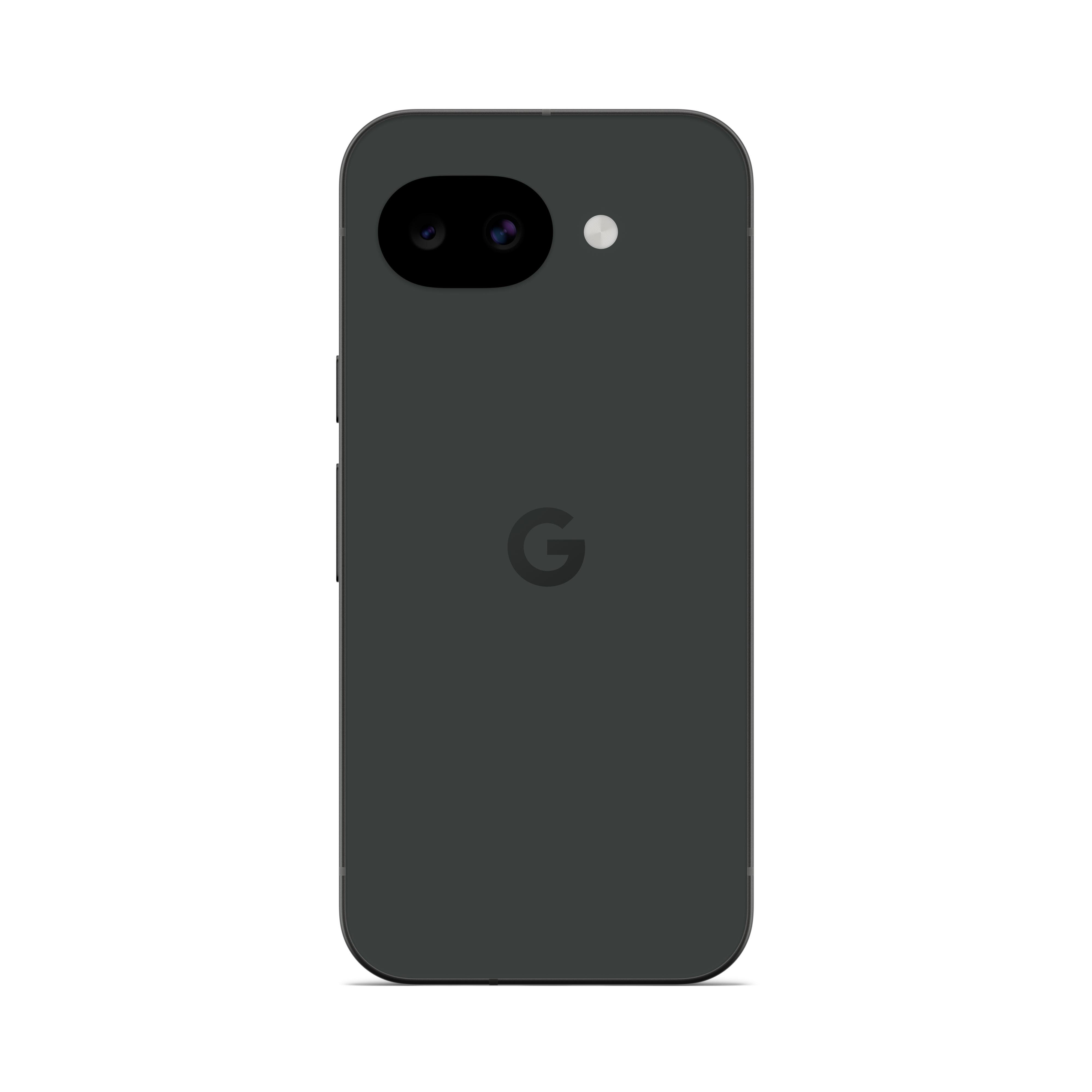Dunkelgraues Google Pixel Smartphone von hinten mit zwei Kameras und Blitz.