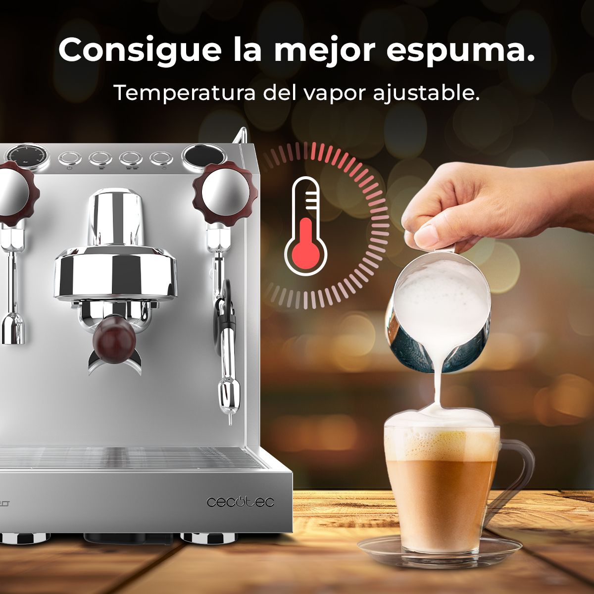 Una máquina de espresso espumando leche en una taza. Se muestra un icono de termómetro.