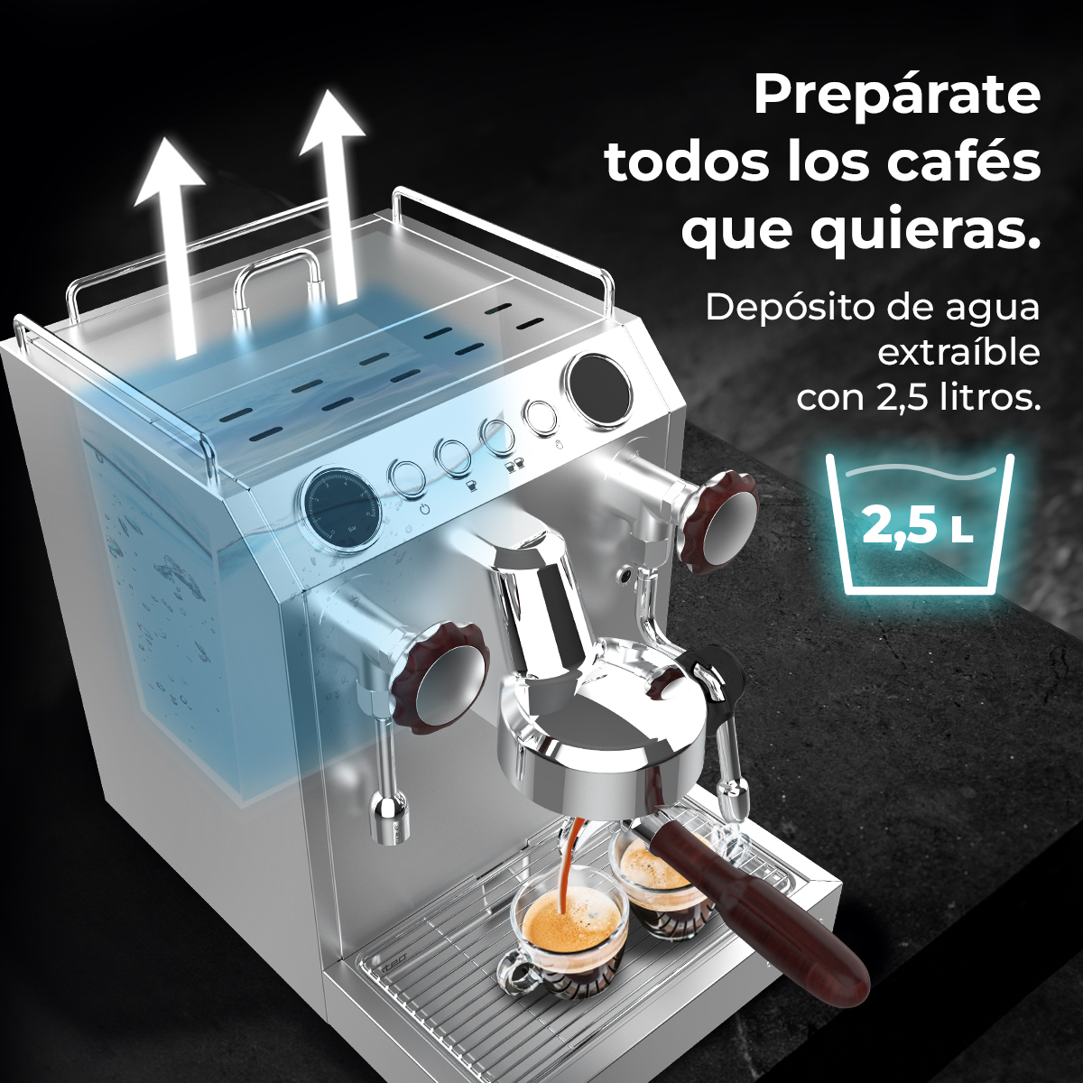 Una máquina de espresso prepara café en dos tazas. El depósito de agua es visible.