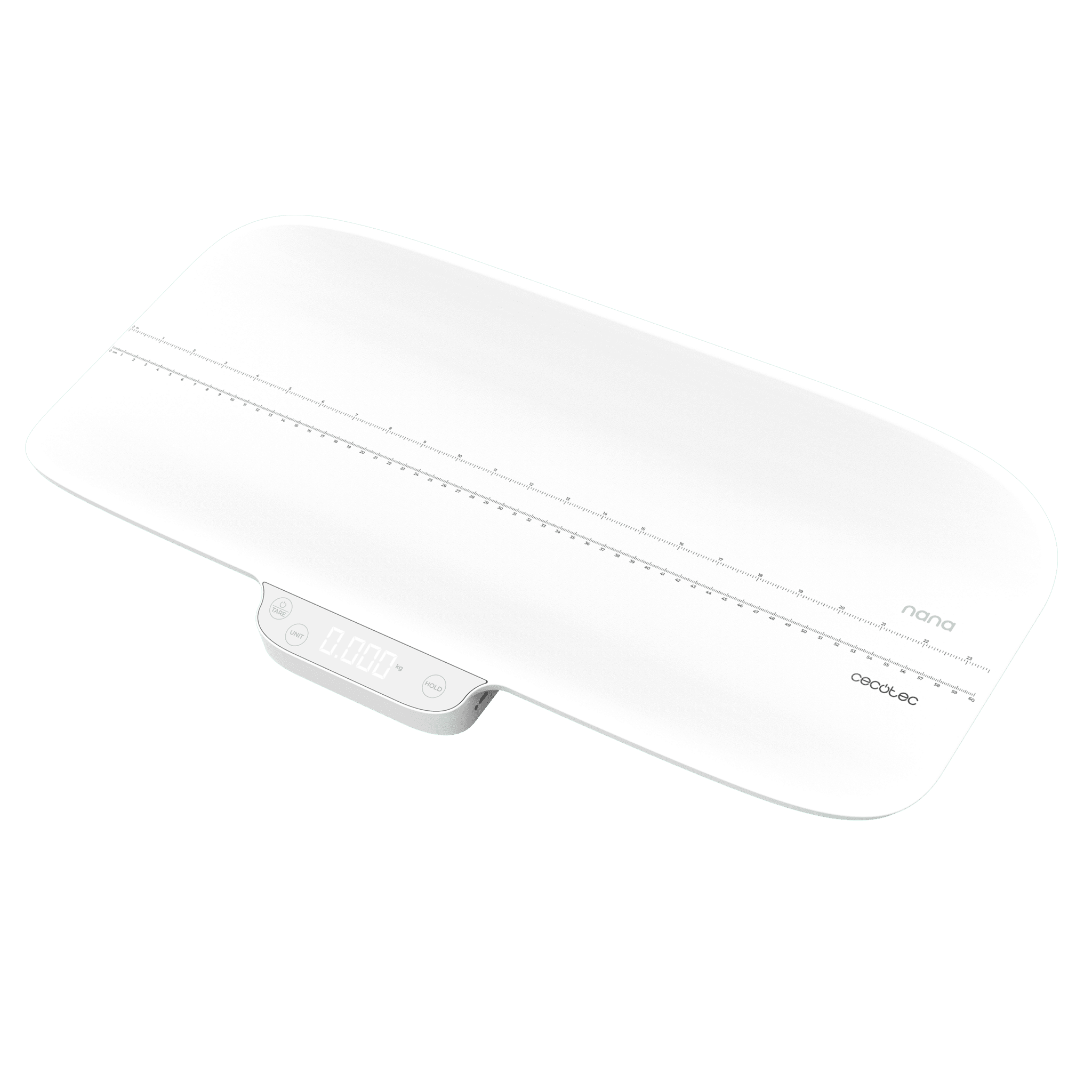 Balanza blanca para bebés con medidor de longitud integrado y pantalla.