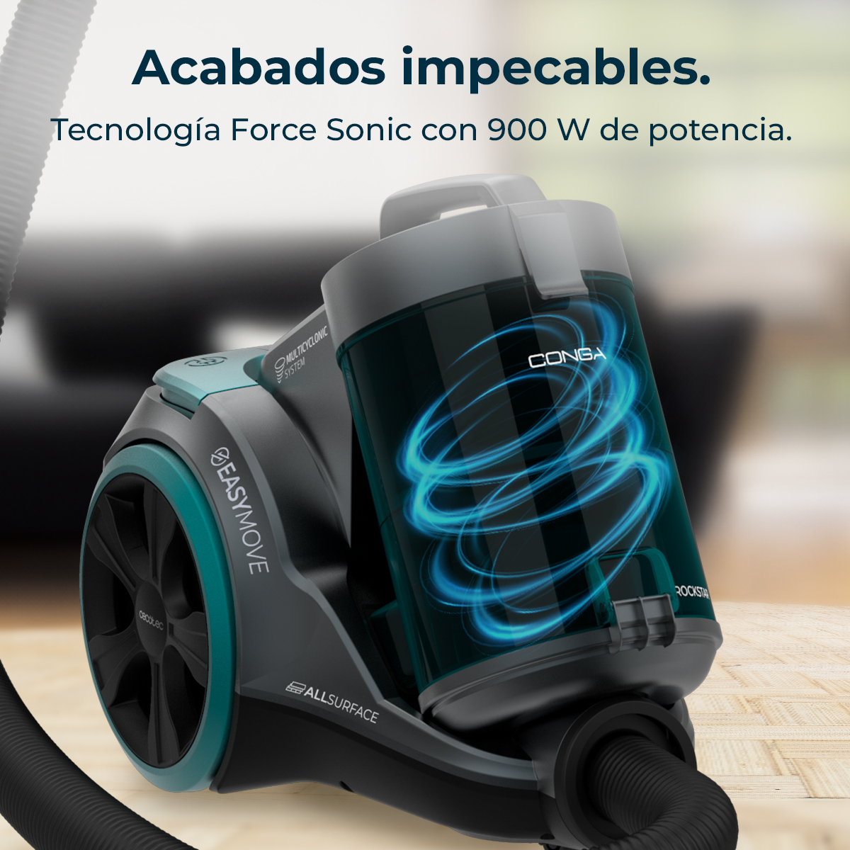 Una aspiradora azul verdosa con un depósito transparente que muestra gráficos de vórtice azul.