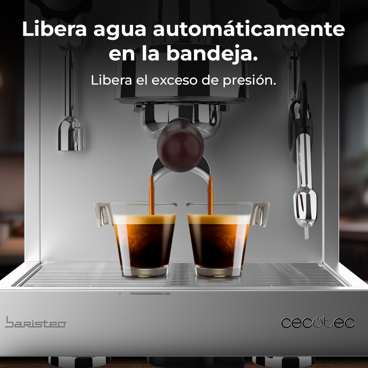 Máquina de espresso prepara dos espressos en vasos, con texto sobre liberación automática de agua.