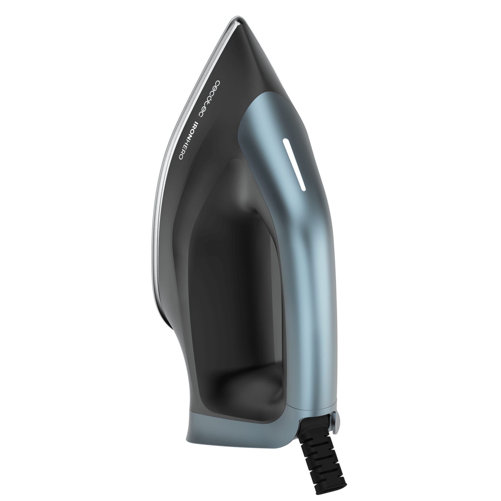 Una plancha de vapor moderna, azul y negra, se muestra sobre fondo verde.