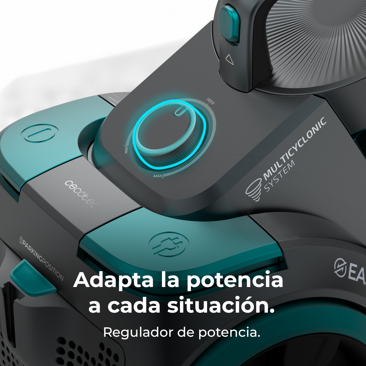 Aspiradora gris con dial iluminado en azul para ajuste de potencia.