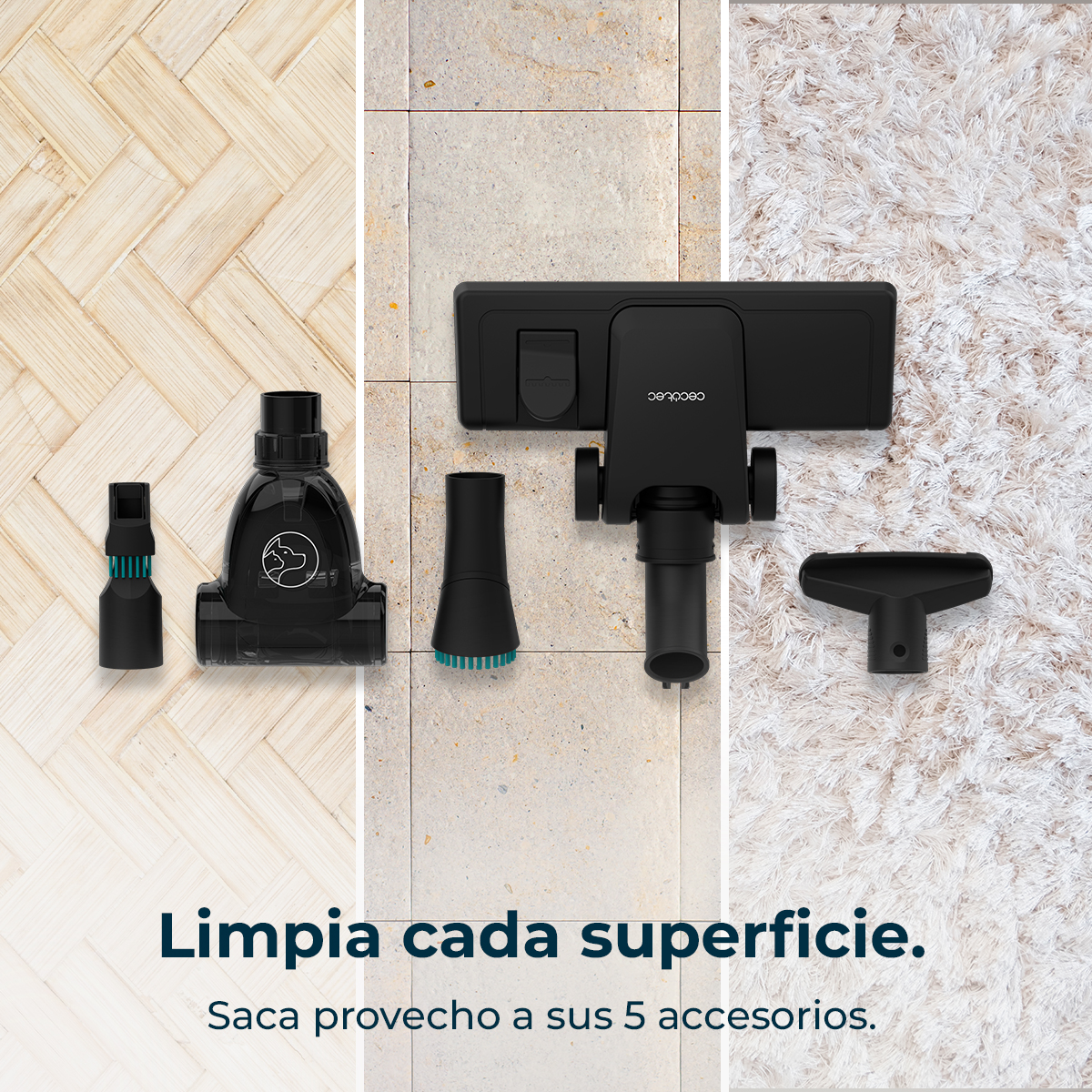 Accesorios negros para aspiradora sobre superficies de madera, baldosas y alfombra.