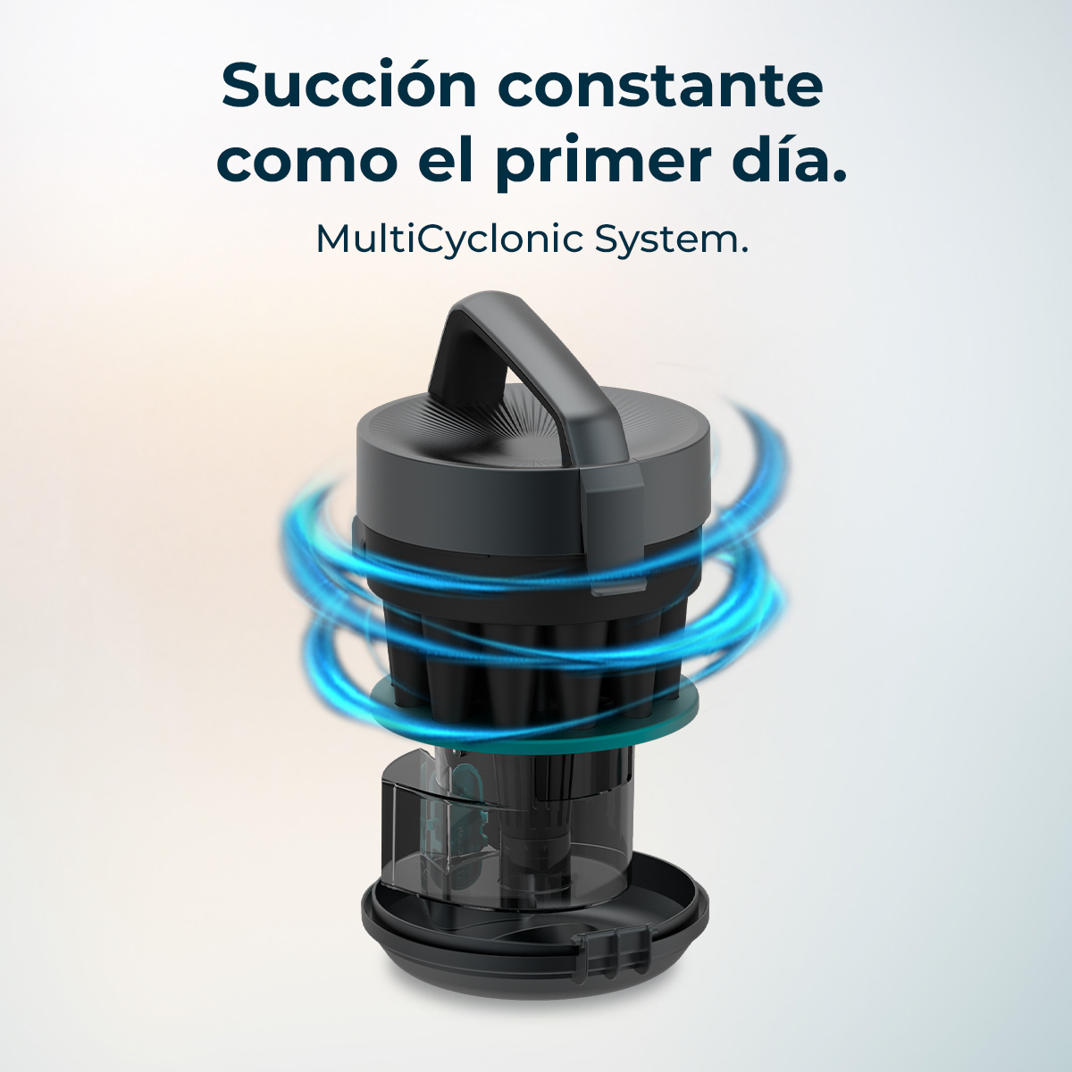 Un accesorio de aspiradora ciclónica negro con aire azul arremolinándose.
