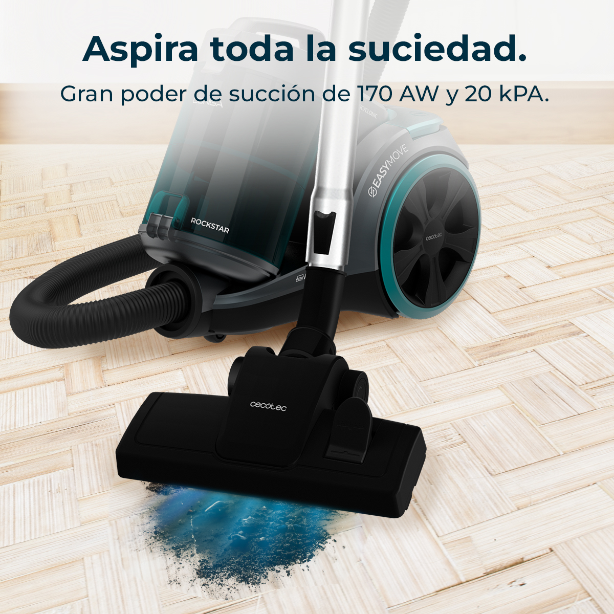 Una aspiradora succiona suciedad de un suelo de madera.