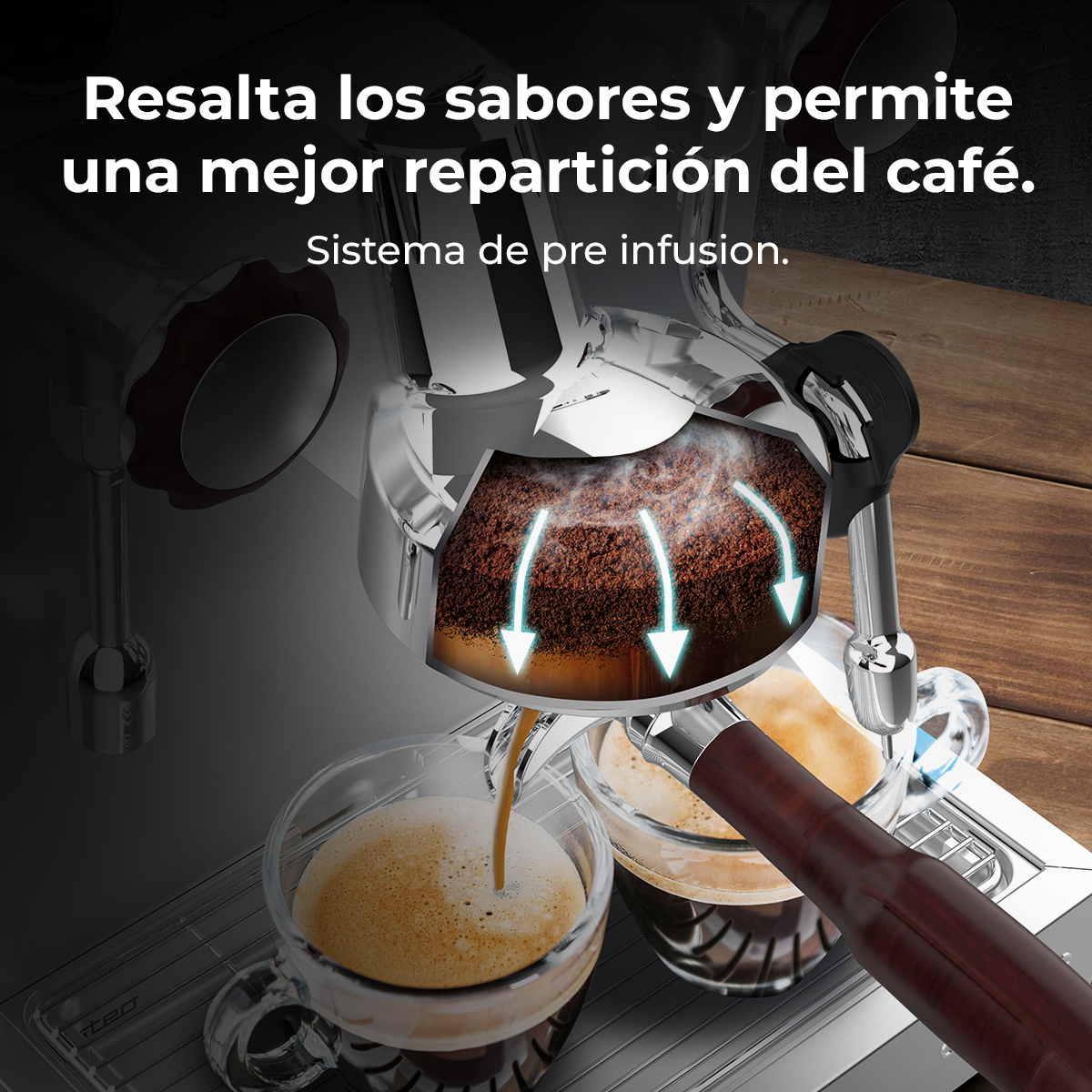 Máquina de espresso con posos de café y vapor fluyendo hacia tazas.