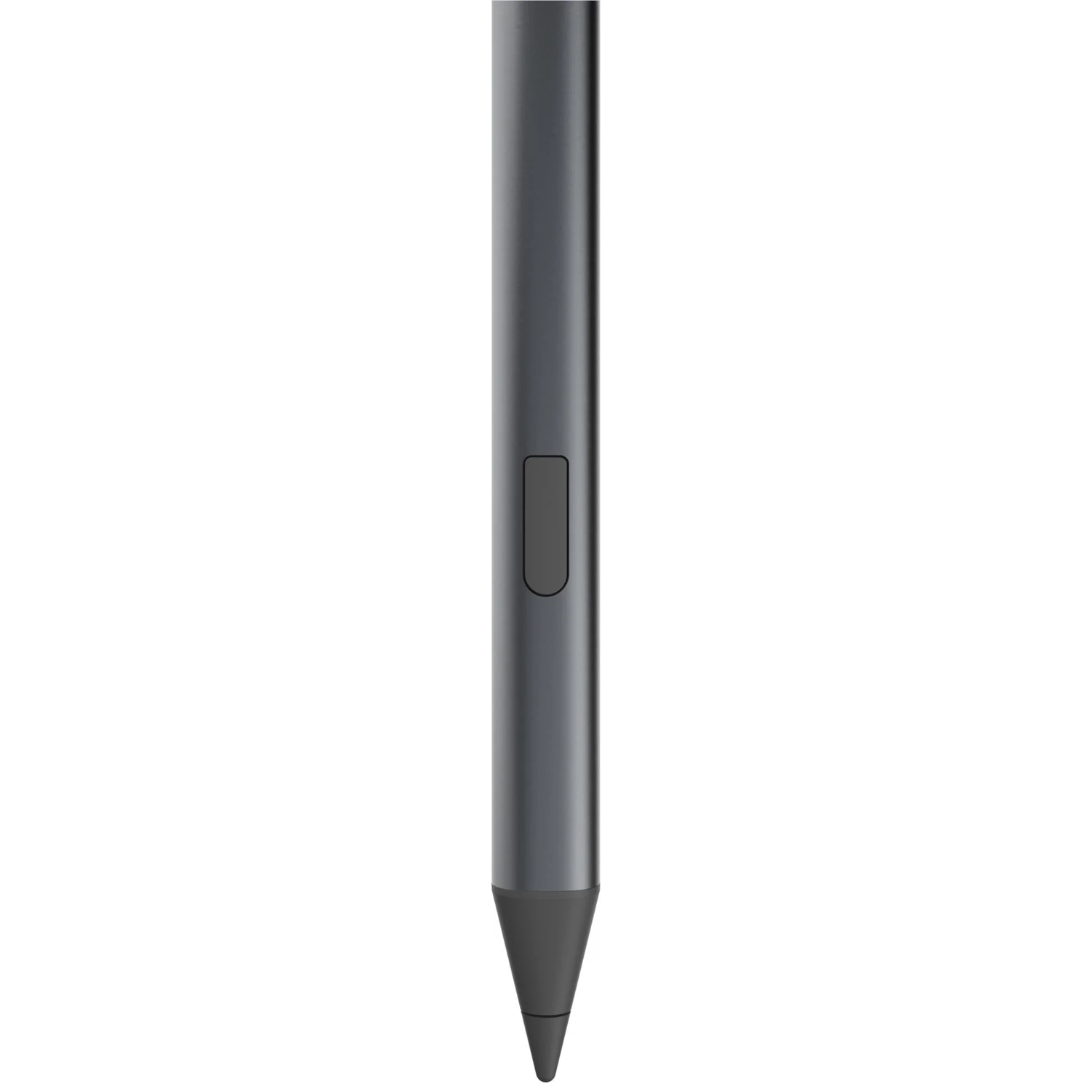 A gray stylus pen with a button and a pointed tip on a white background.