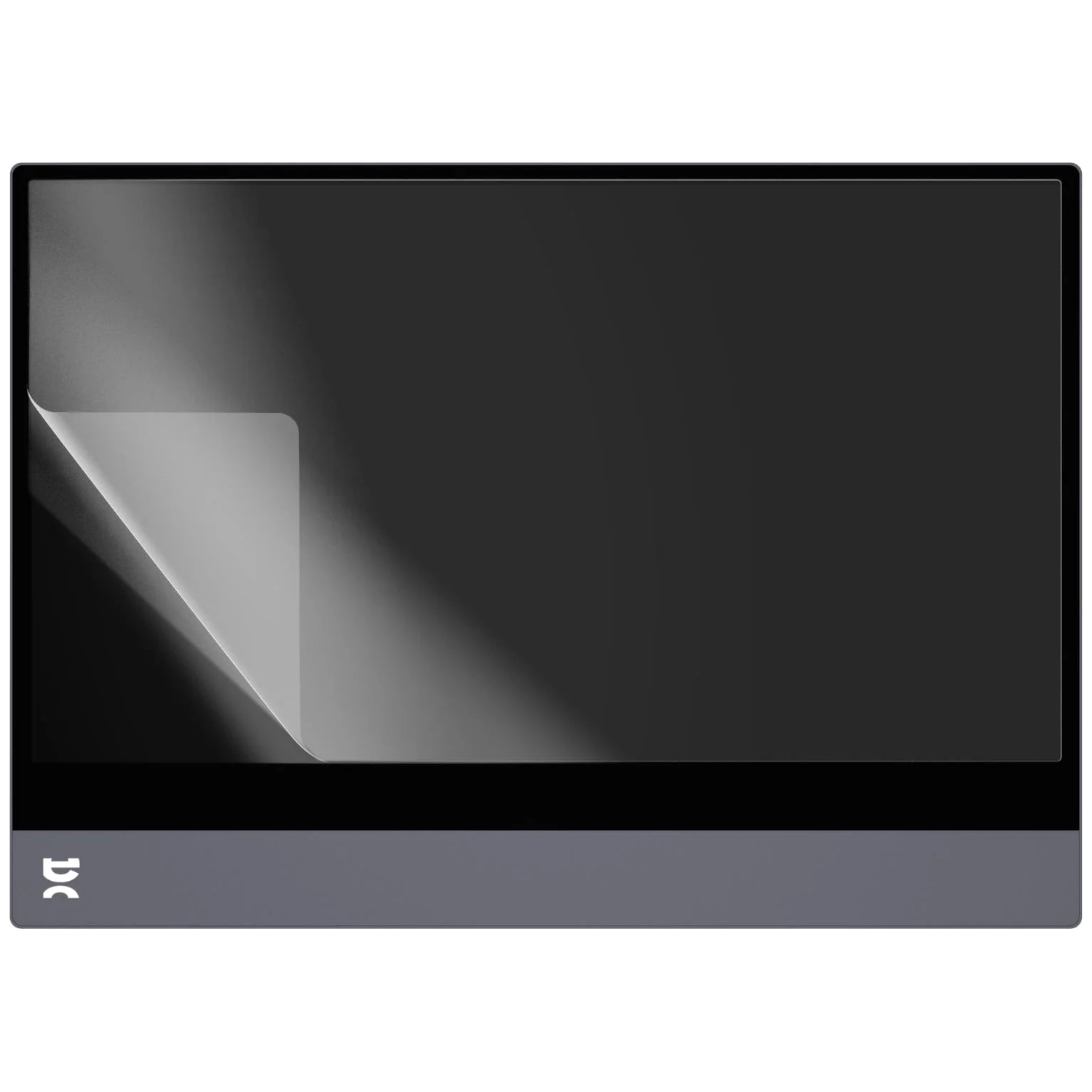 A black touchscreen monitor with a protective film peeling off the top left corner, revealing a dark gray screen.