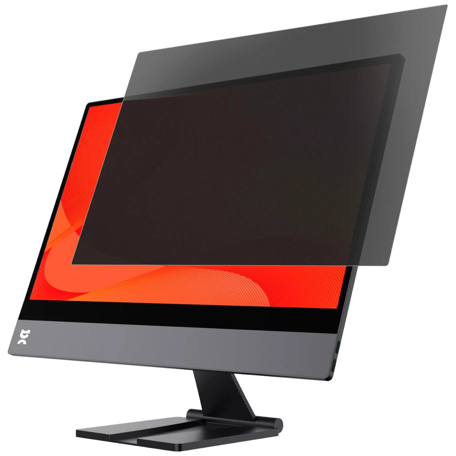 A monitor with a privacy screen filter. The screen background is red.