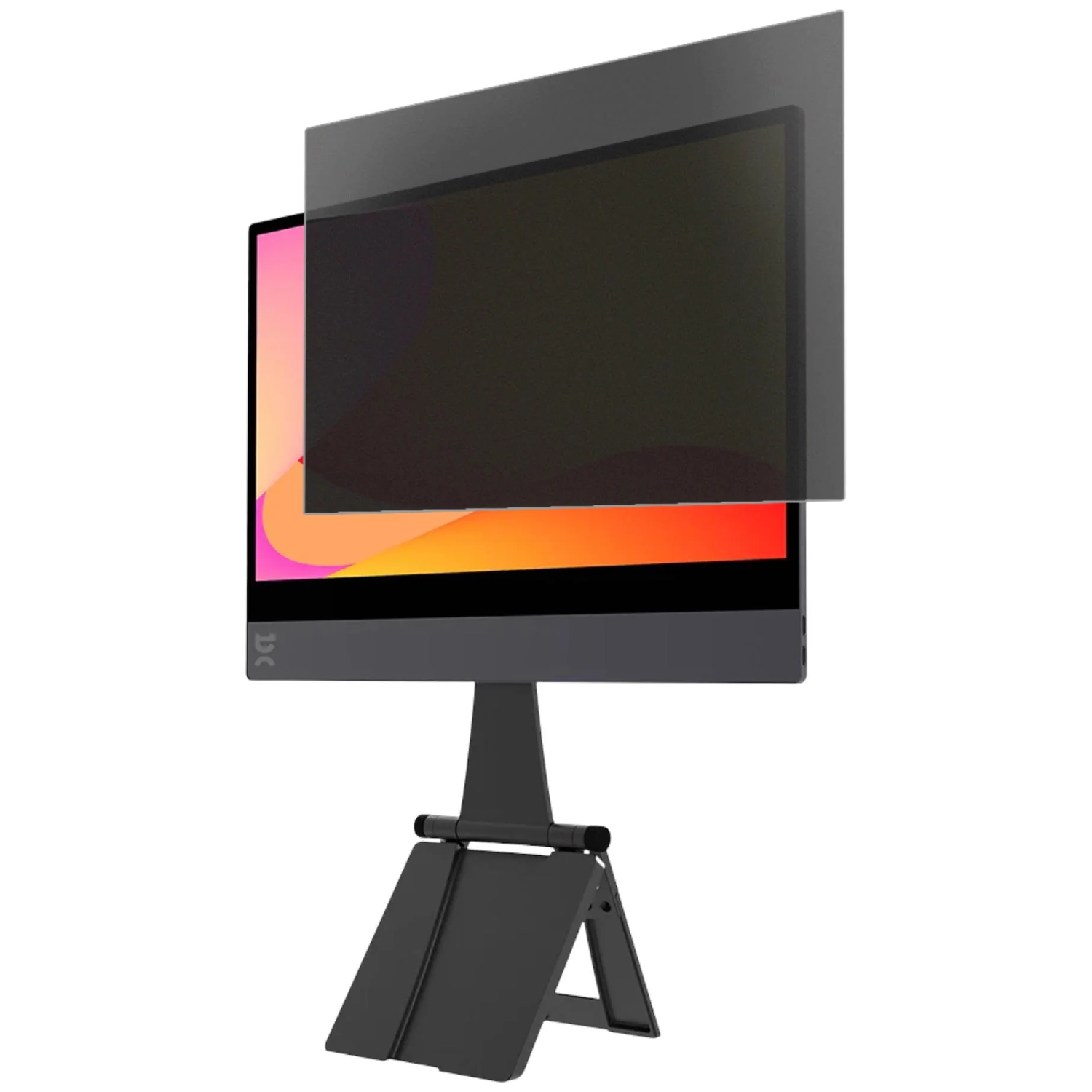 A black monitor on a stand with a privacy screen filter.