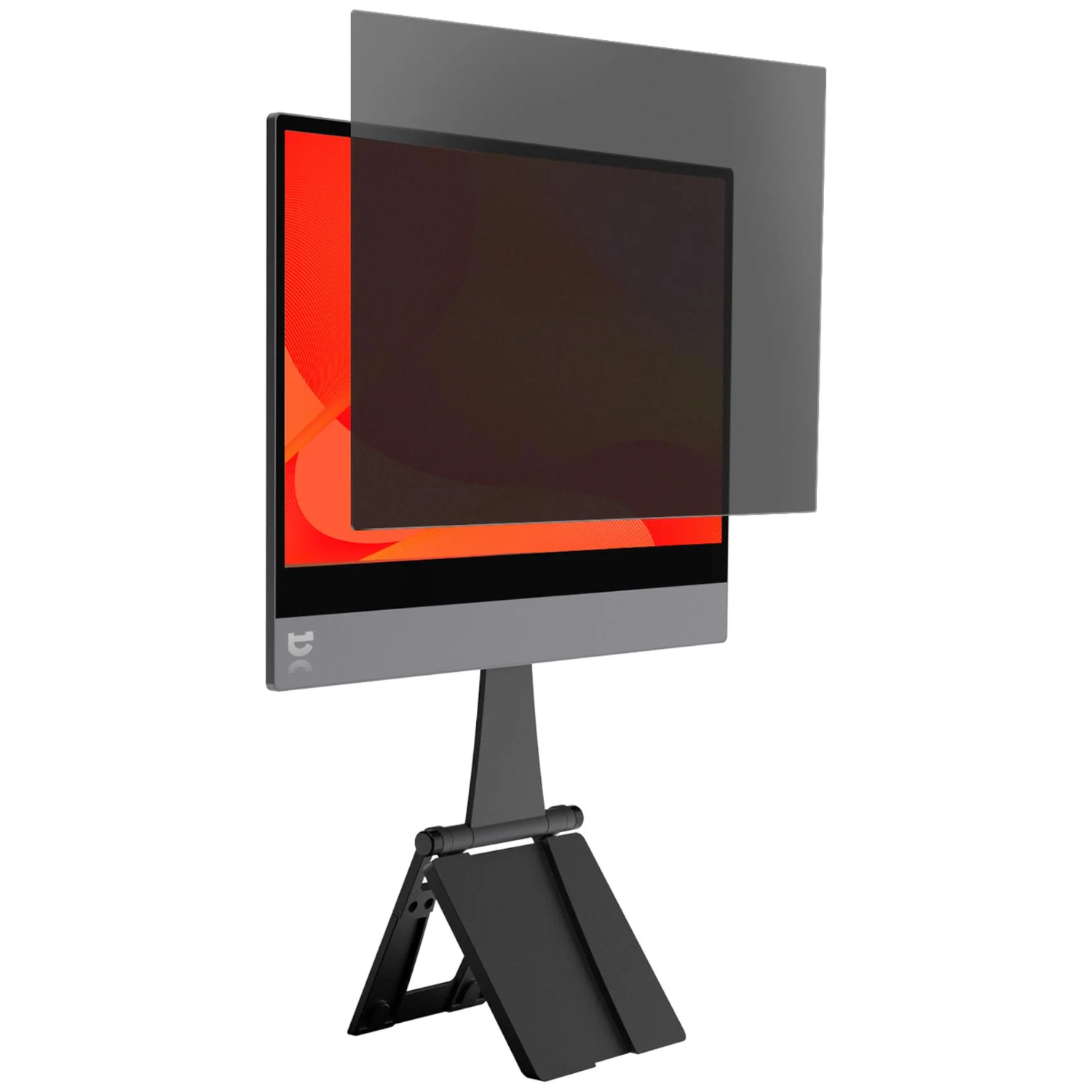 Gray privacy filter on a monitor with a red background on a stand.