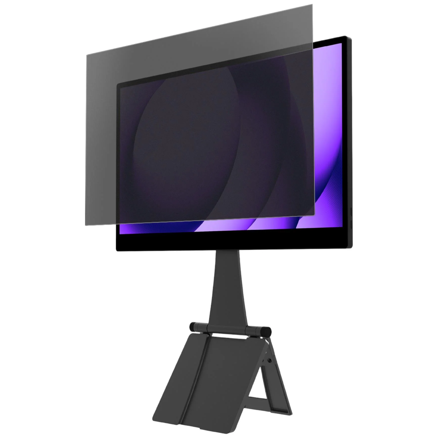 A black monitor rests on a stand. A privacy screen filter is in front of it.