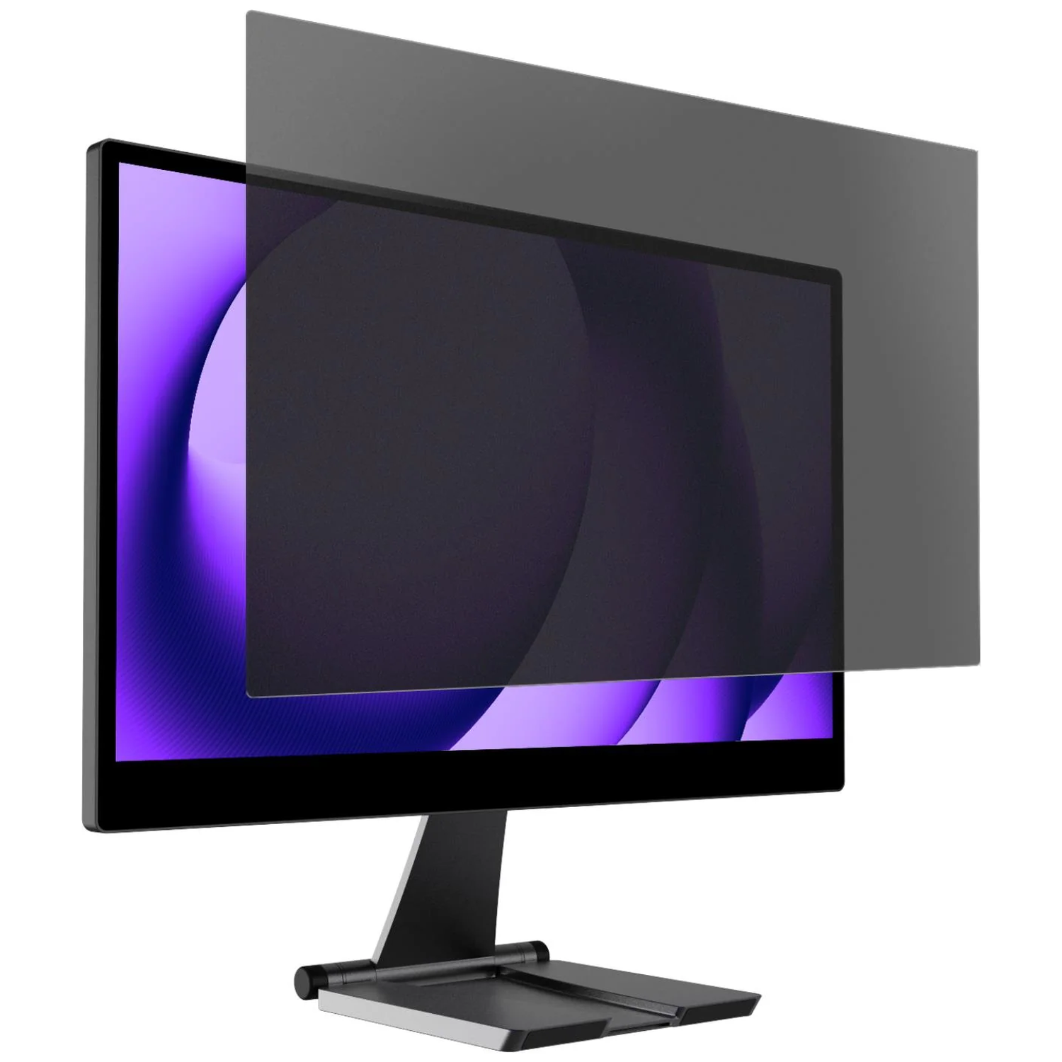 A monitor with a privacy screen filter over the display showing a purple abstract pattern.