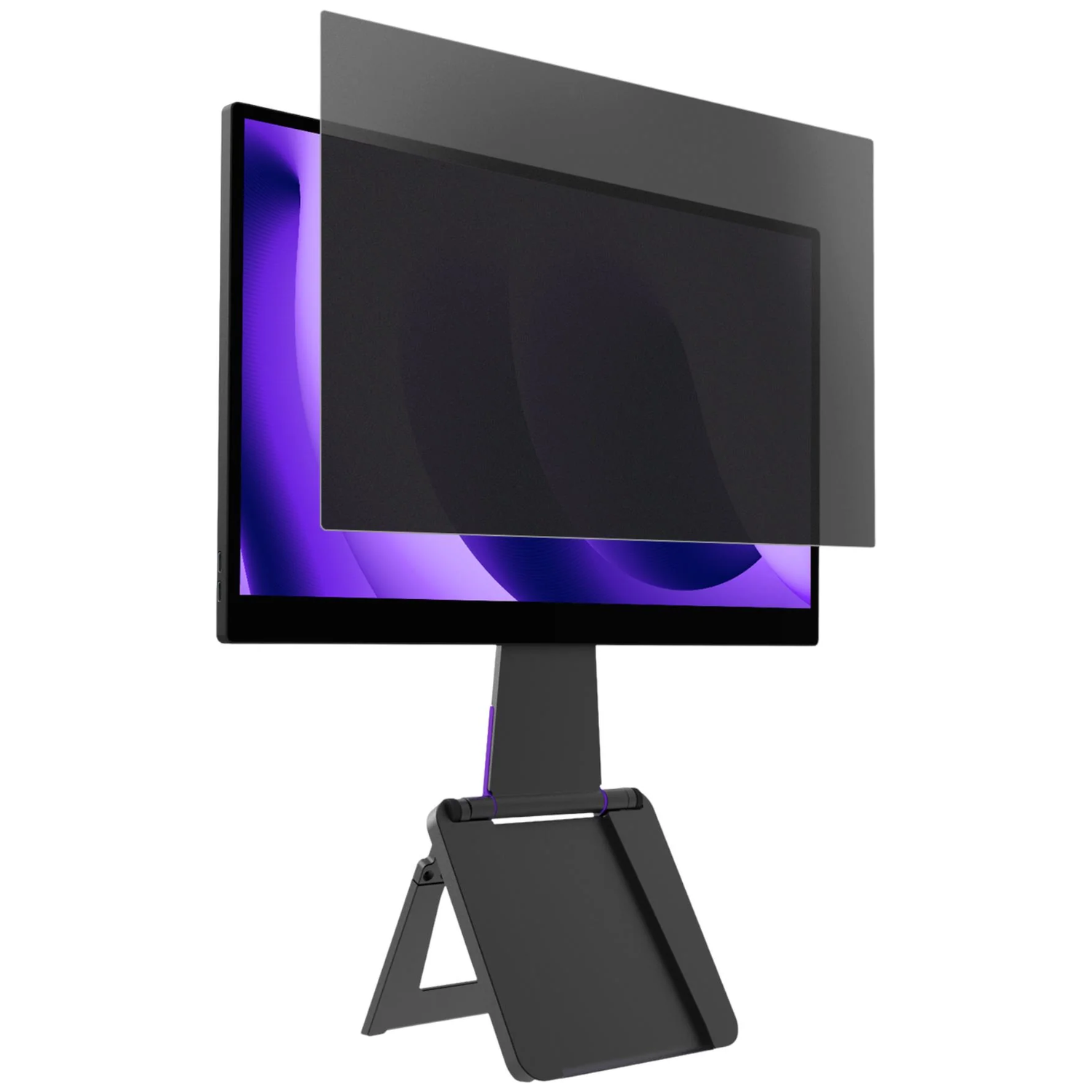 A monitor with a privacy filter in front stands on a black stand.
