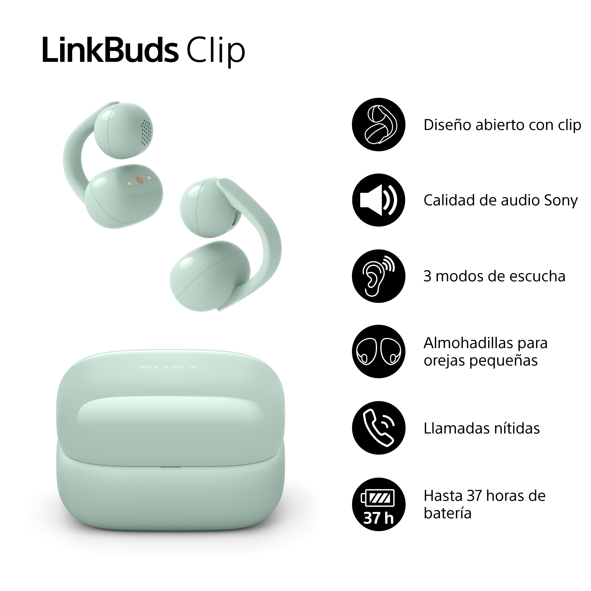 Diseño abierto con clip Calidad de audio Sony 3 modos de escucha Almohadillas para orejas pequeñas Llamadas nítidas Hasta 37 horas de batería