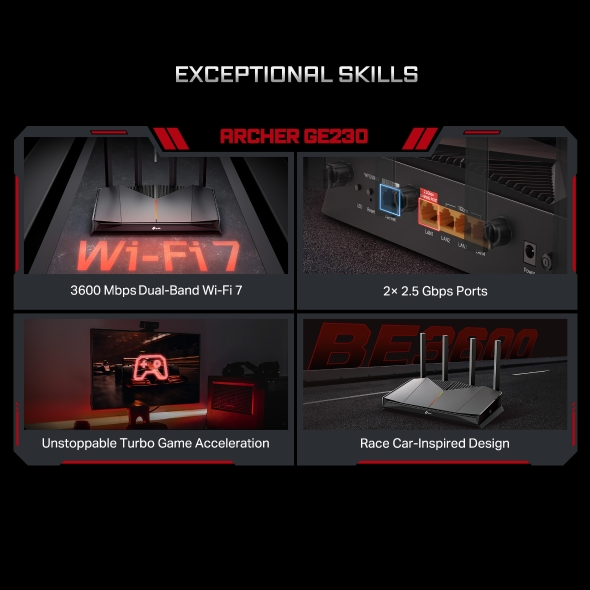 Archer GE230 Router: Wi-Fi 7, 2.5 Gbps portok, Játékgyorsítás, Versenyautó dizájn.