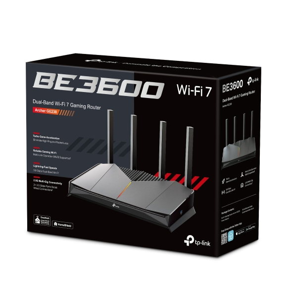 TP-Link BE3600 Dual-Band Wi-Fi 7 gamer router Archer GE230 fekete dobozon.