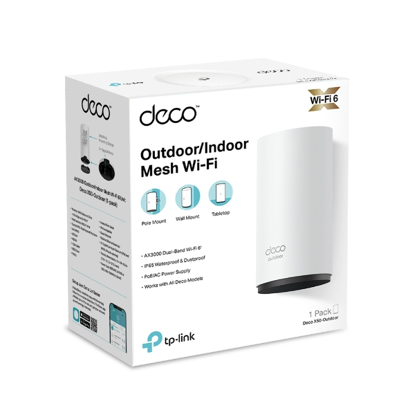 TP-Link Deco X50 kültéri Mesh Wi-Fi 6 csomagolás fehér eszközzel.