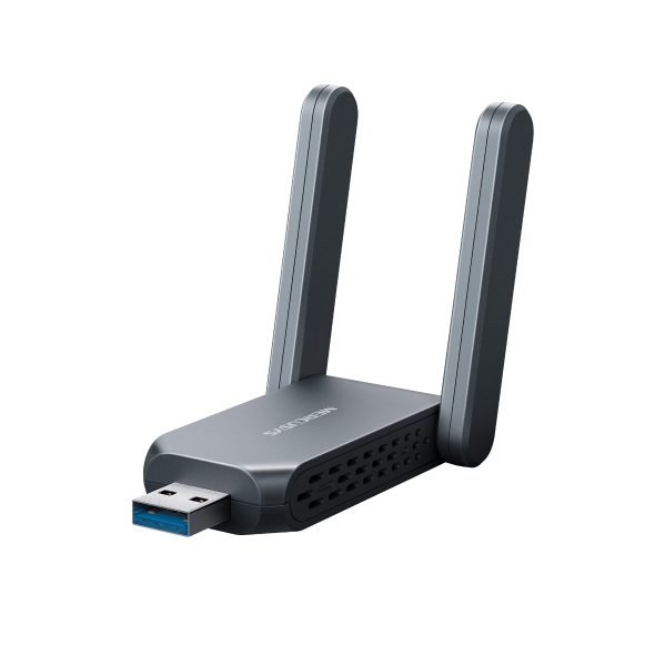 Egy szürke USB Wi-Fi adapter két antennával.