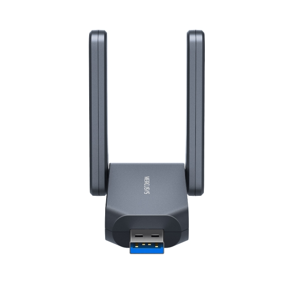 Szürke USB-s Wi-Fi adapter két antennával és kék USB 3.0 csatlakozóval.