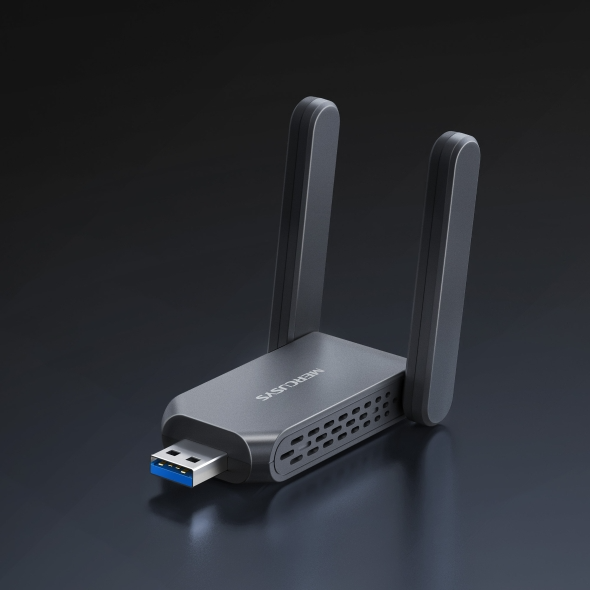 Szürke USB Wi-Fi adapter két antennával sötét háttéren.