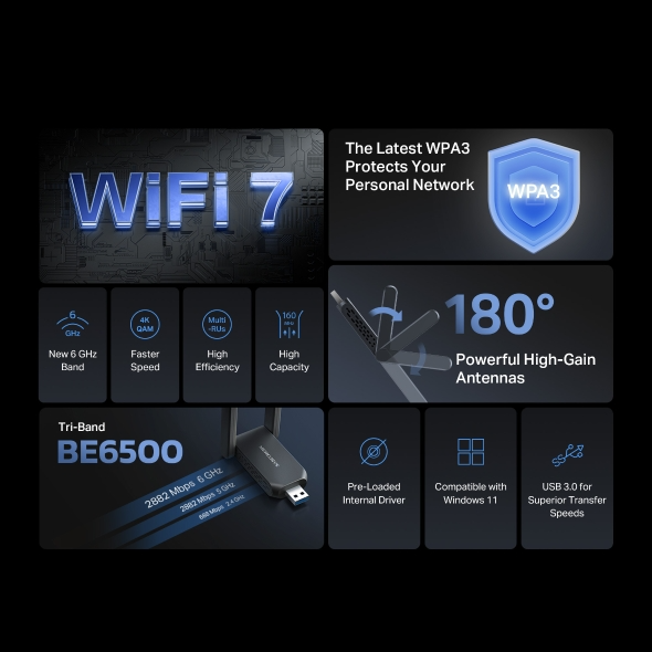 WiFi 7 adapter: WPA3 védelem, 180° antennák, USB 3.0, Tri-Band BE6500.