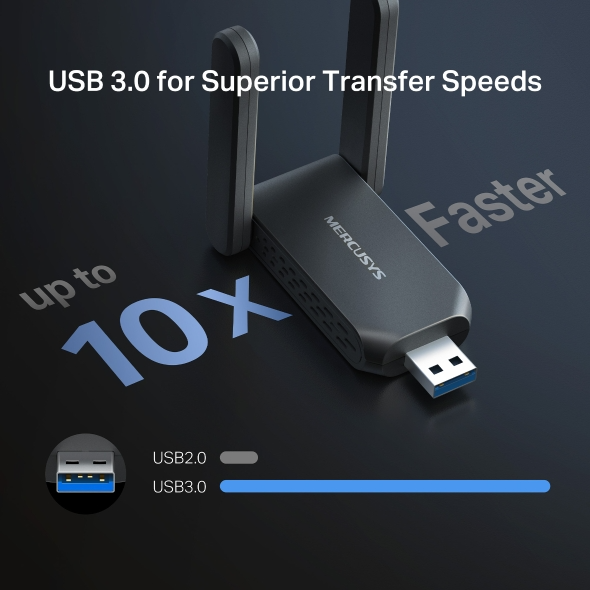 Egy Mercusys USB 3.0 Wi-Fi adapter antennákkal és kék USB csatlakozóval.