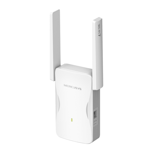 Fehér MERCUSYS Wi-Fi erősítő két antennával és zöld fénnyel.
