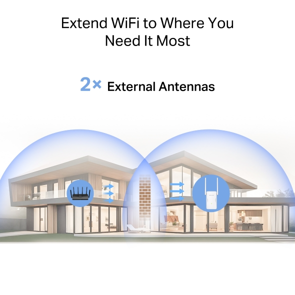 Két ház látható Wi-Fi szimbólumokkal, amelyek a jel hatótávolságát mutatják.