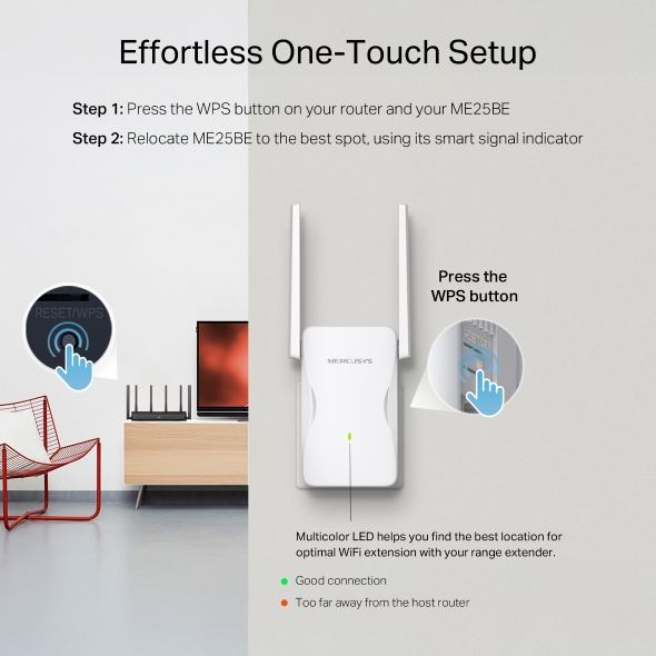 MERCUSYS WiFi bővítő beállítás: Nyomja meg a WPS gombot, helyezze el LED jelzővel.