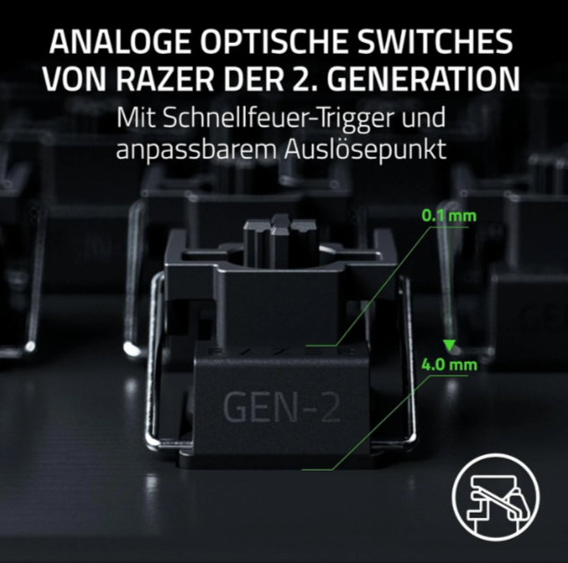 Nahaufnahme einer Razer Gen-2 optischen Tastaturtaste mit Maßen.