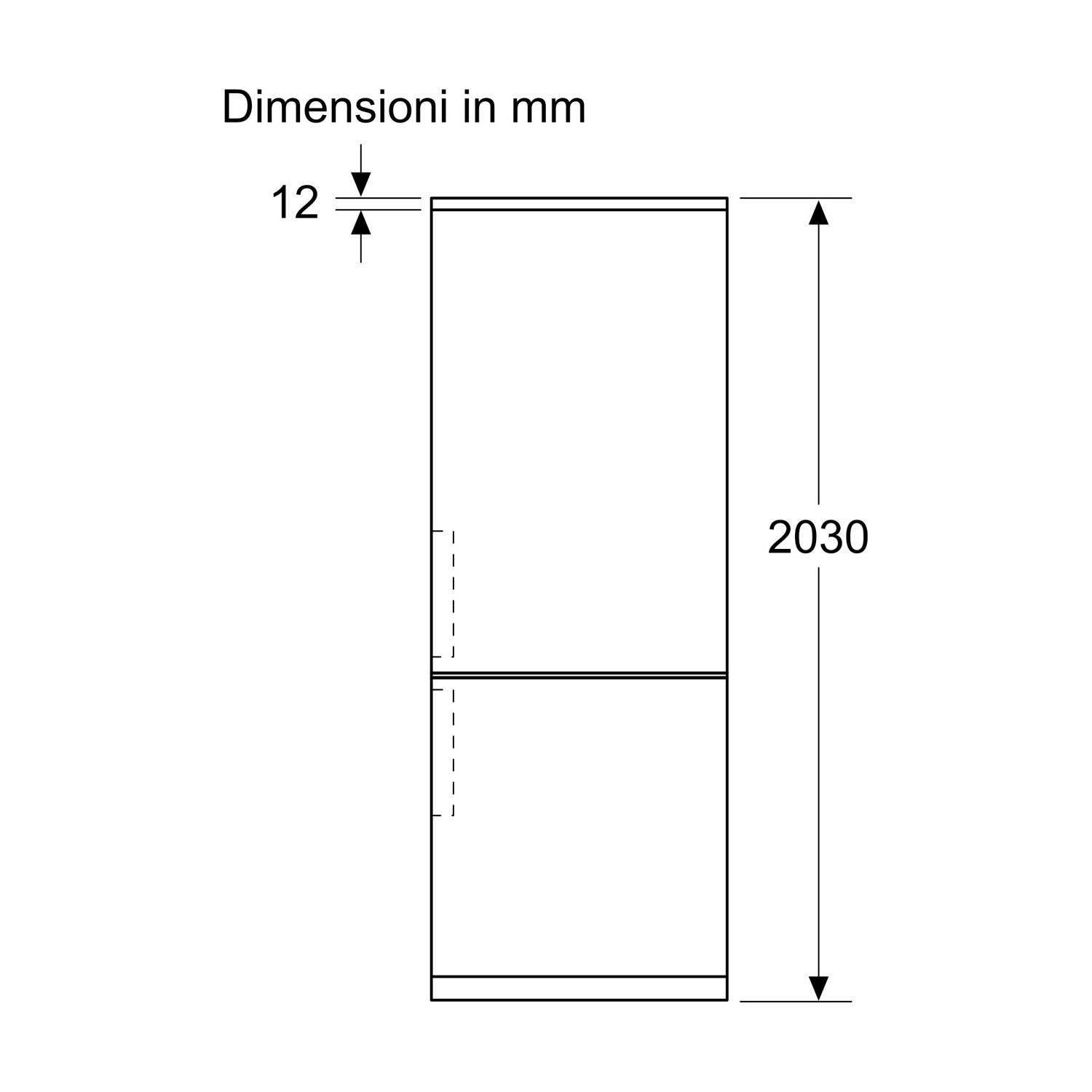 Disegno tecnico di un frigorifero-congelatore con dimensioni 12 mm e 2030 mm.