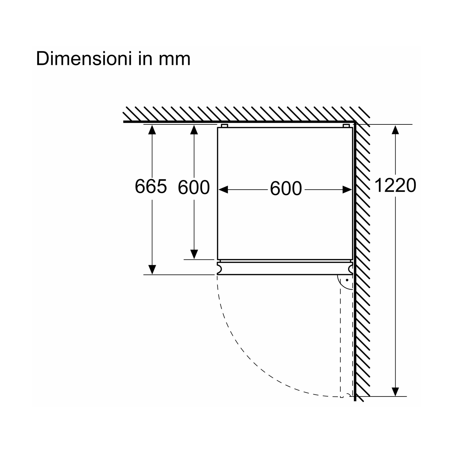 Disegno tecnico con dimensioni in mm. Una dimensione di installazione di 600x600mm.