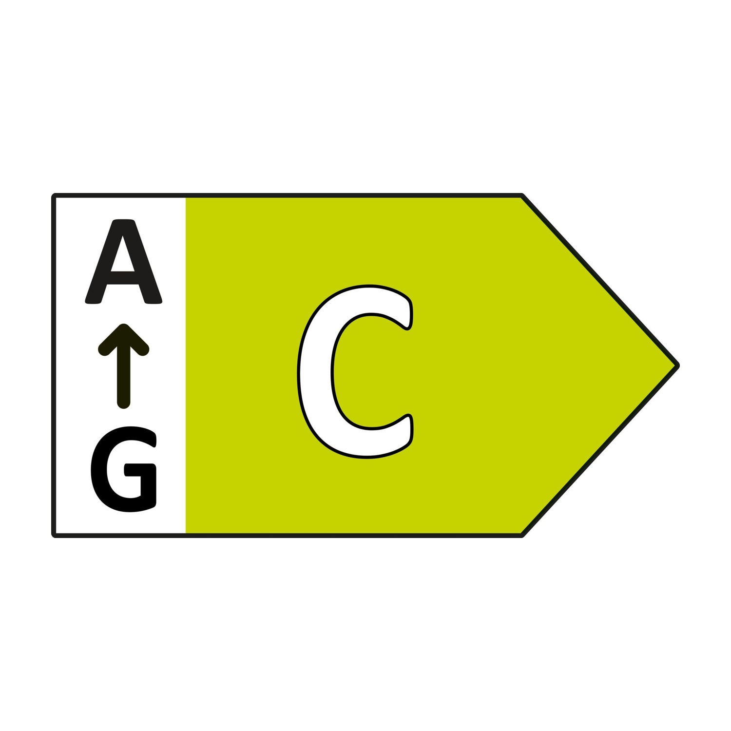 Etichetta efficienza energetica classe C. Scala A-G sinistra con freccia.