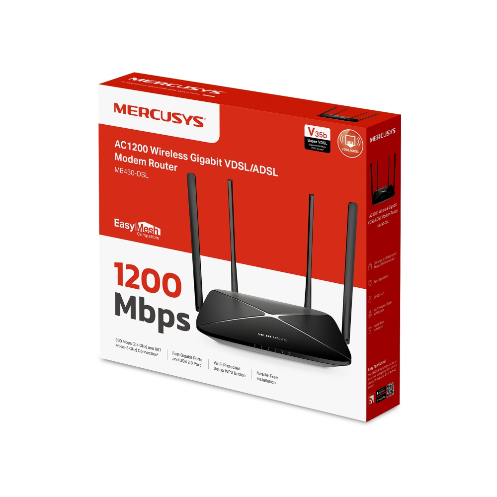Üç antenli Mercusys AC1200 VDSL/ADSL modem yönlendirici, kırmızı pakette.