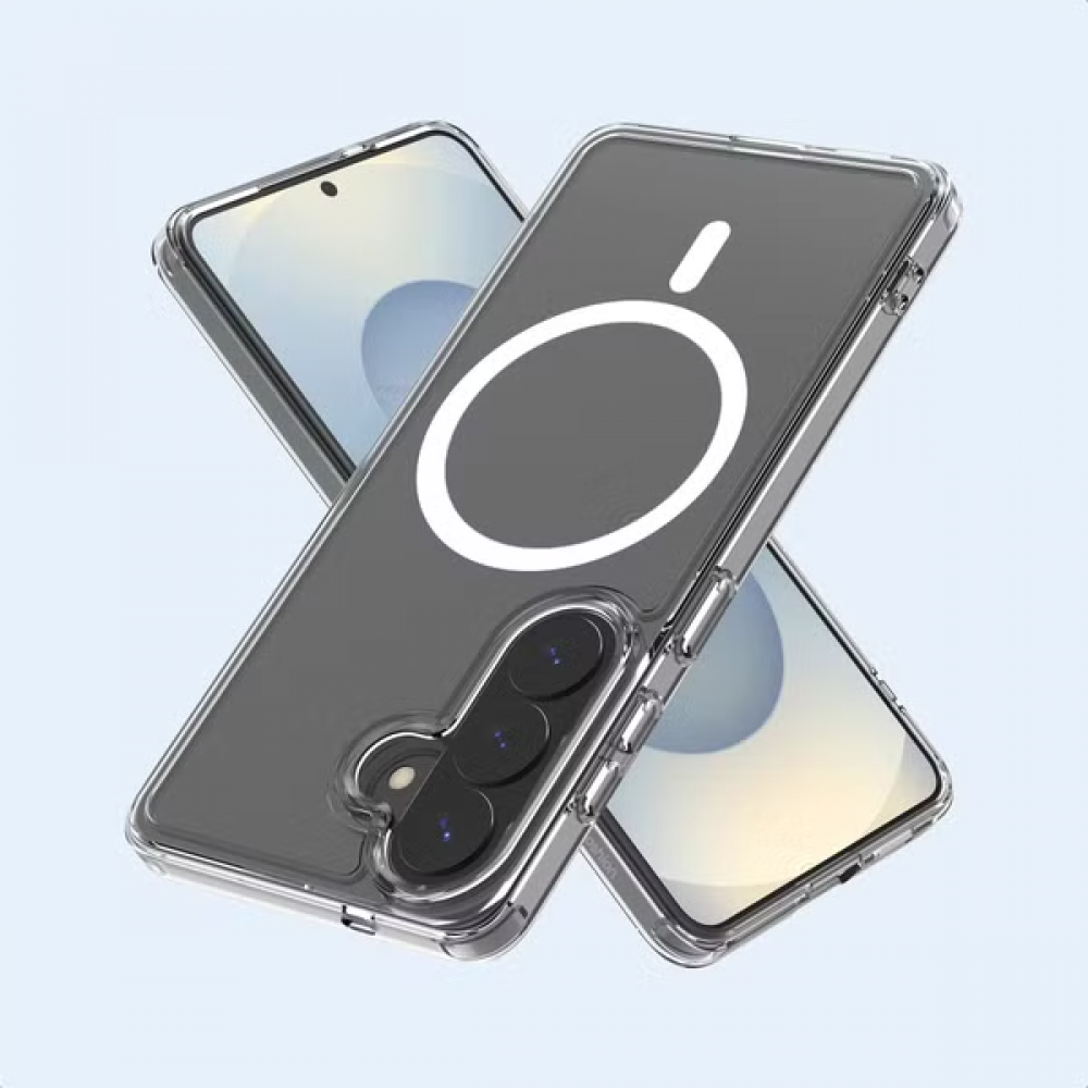Átlátszó telefontok fehér mágnesgyűrűvel és három kamerával.