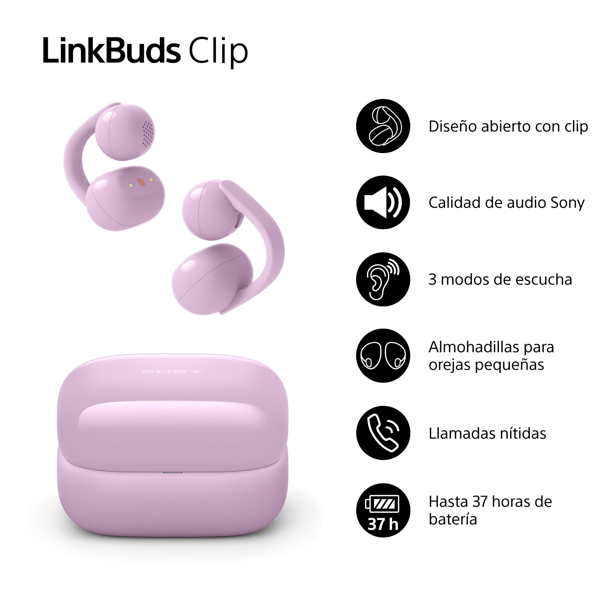 Sony LinkBudLinkBuds Clip Diseño abierto con clip Calidad de audio Sony 3 modos de escucha Almohadillas para orejas pequeñas Llamadas nítidas Hasta 37 horas de baterías Clip con estuche y hasta 37 h de batería