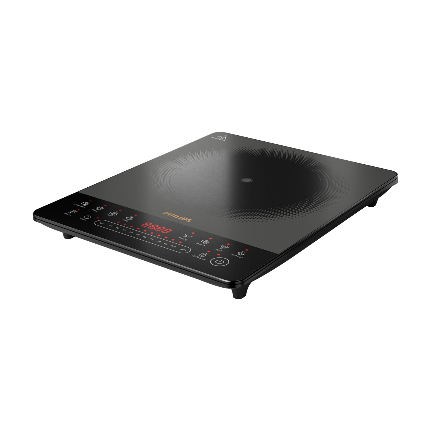 Un piano cottura a induzione Philips nero con display digitale e controlli touch.