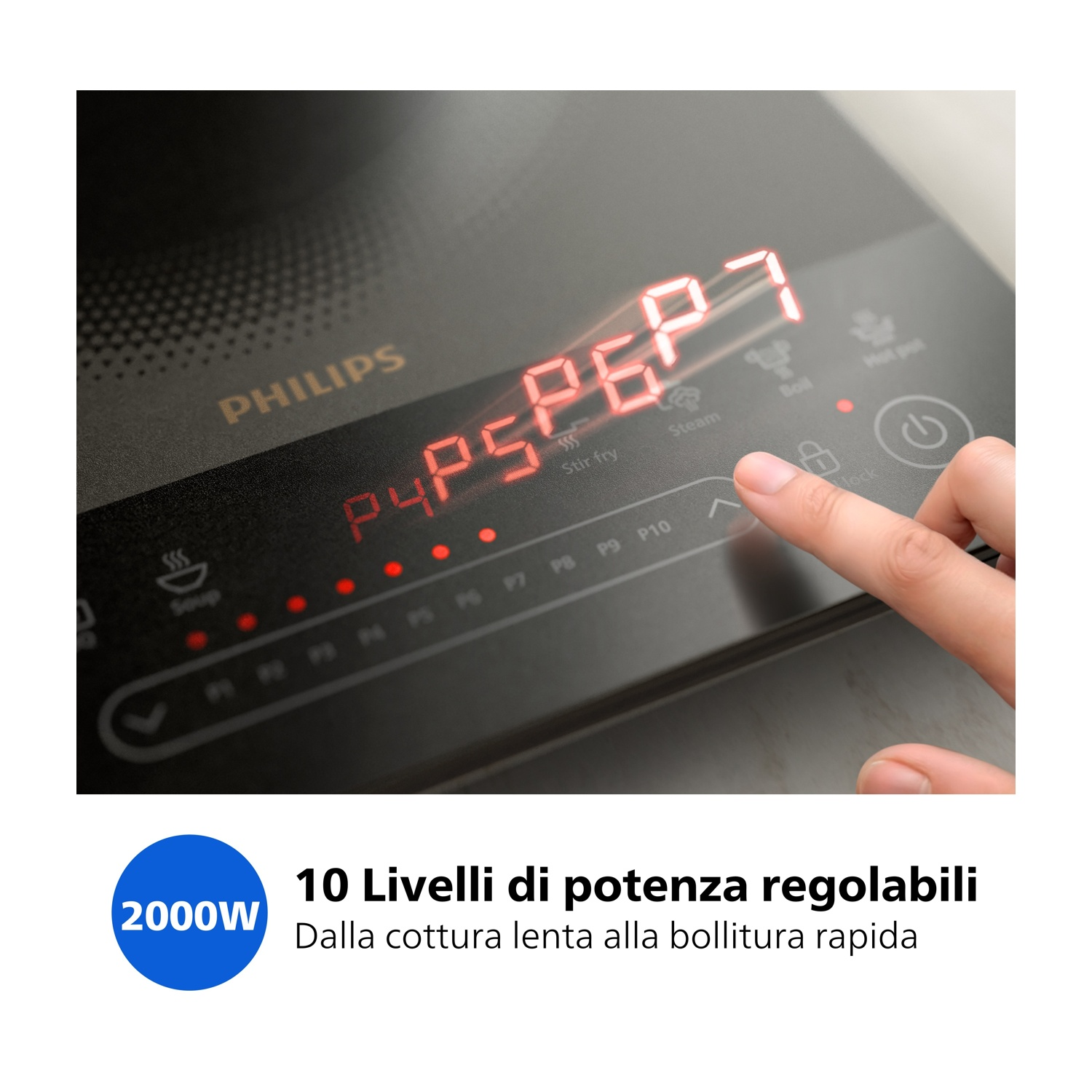Una mano tocca il pannello di controllo di un piano cottura a induzione Philips con display digitale rosso.