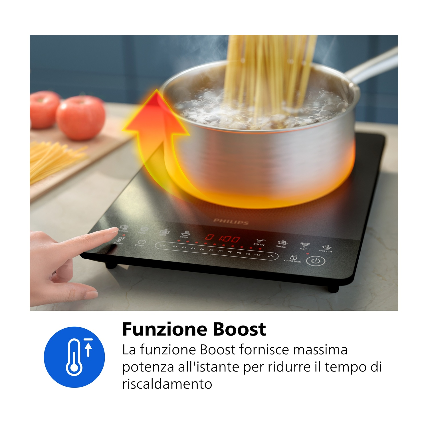 Una pentola di pasta bolle su un piano cottura a induzione con icona boost.