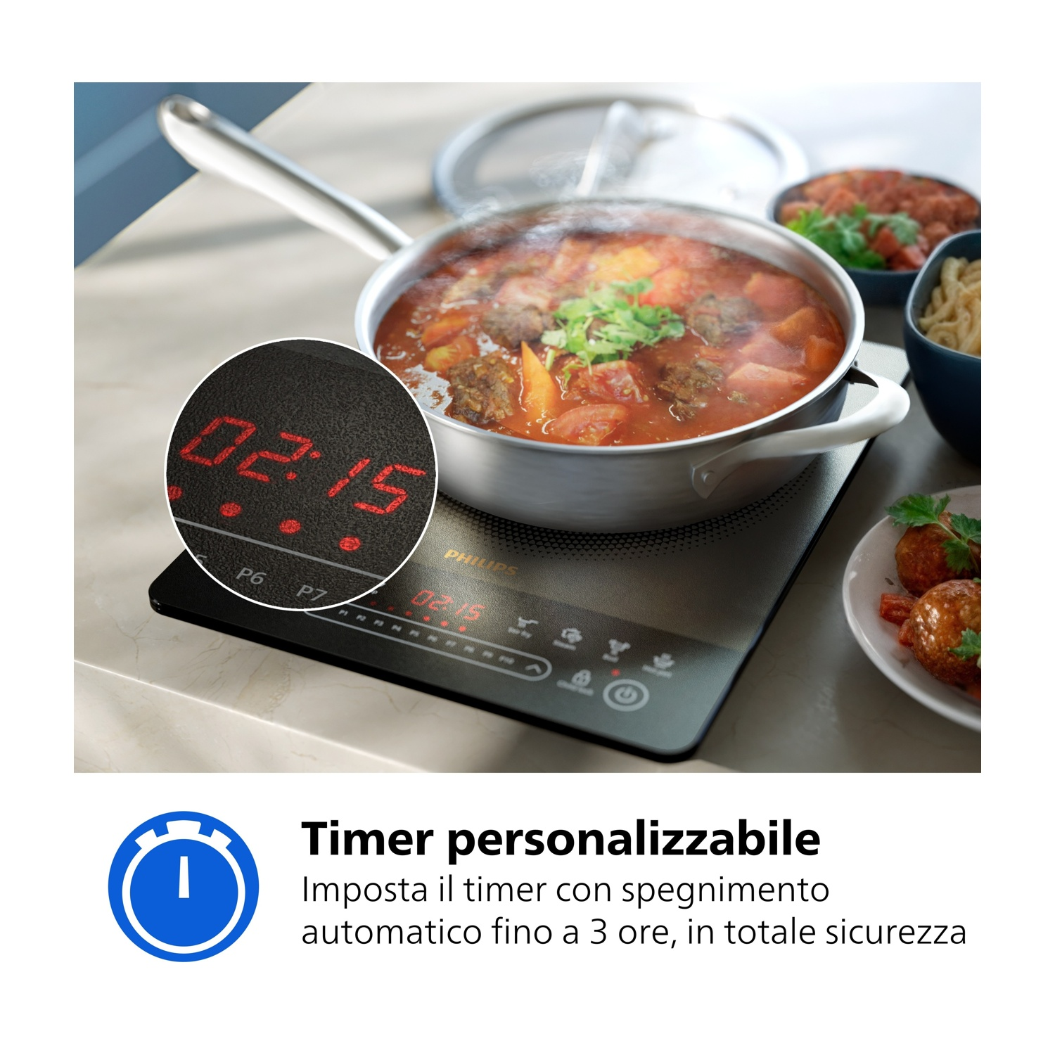 Una pentola di cibo su un piano cottura con timer rosso 02:15.