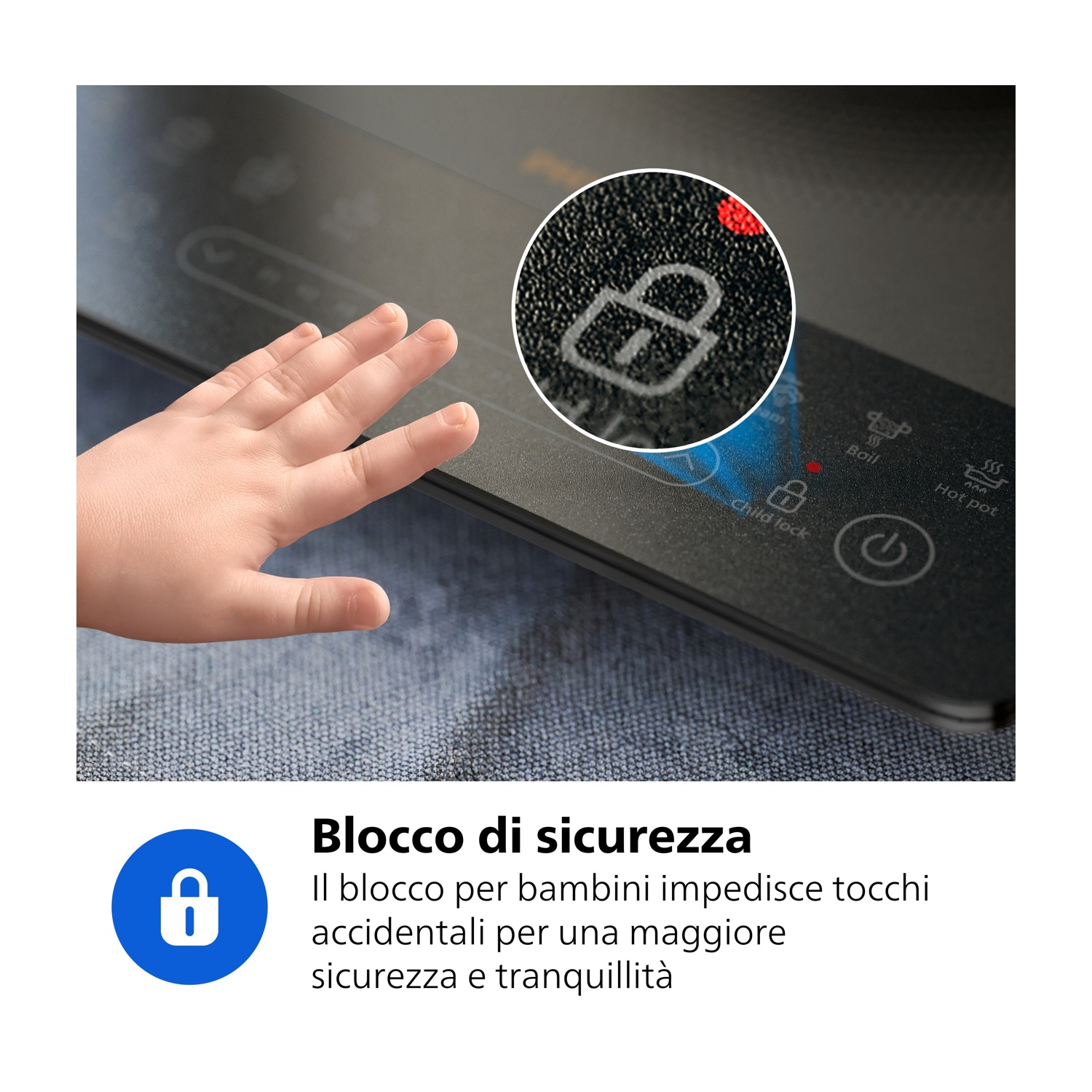 La mano di un bambino si libra su un piano cottura con simbolo di blocco bambini.