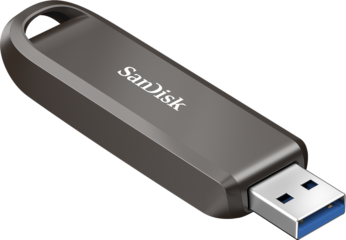Grauer SanDisk USB-Stick mit silbernem Anschluss und blauem Einsatz.