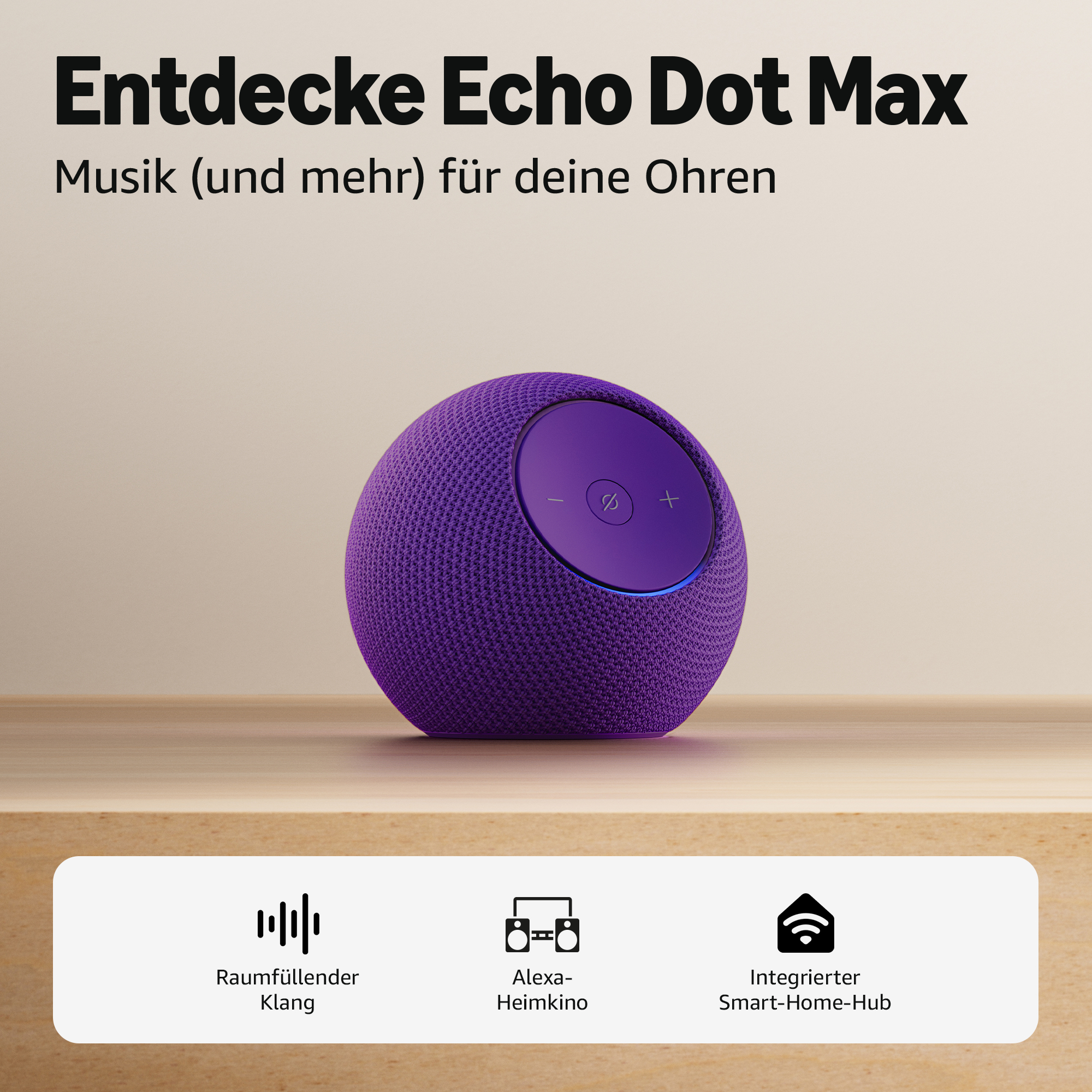 Lila Echo Dot Max auf Holz, mit Text über Musik und Funktionen.