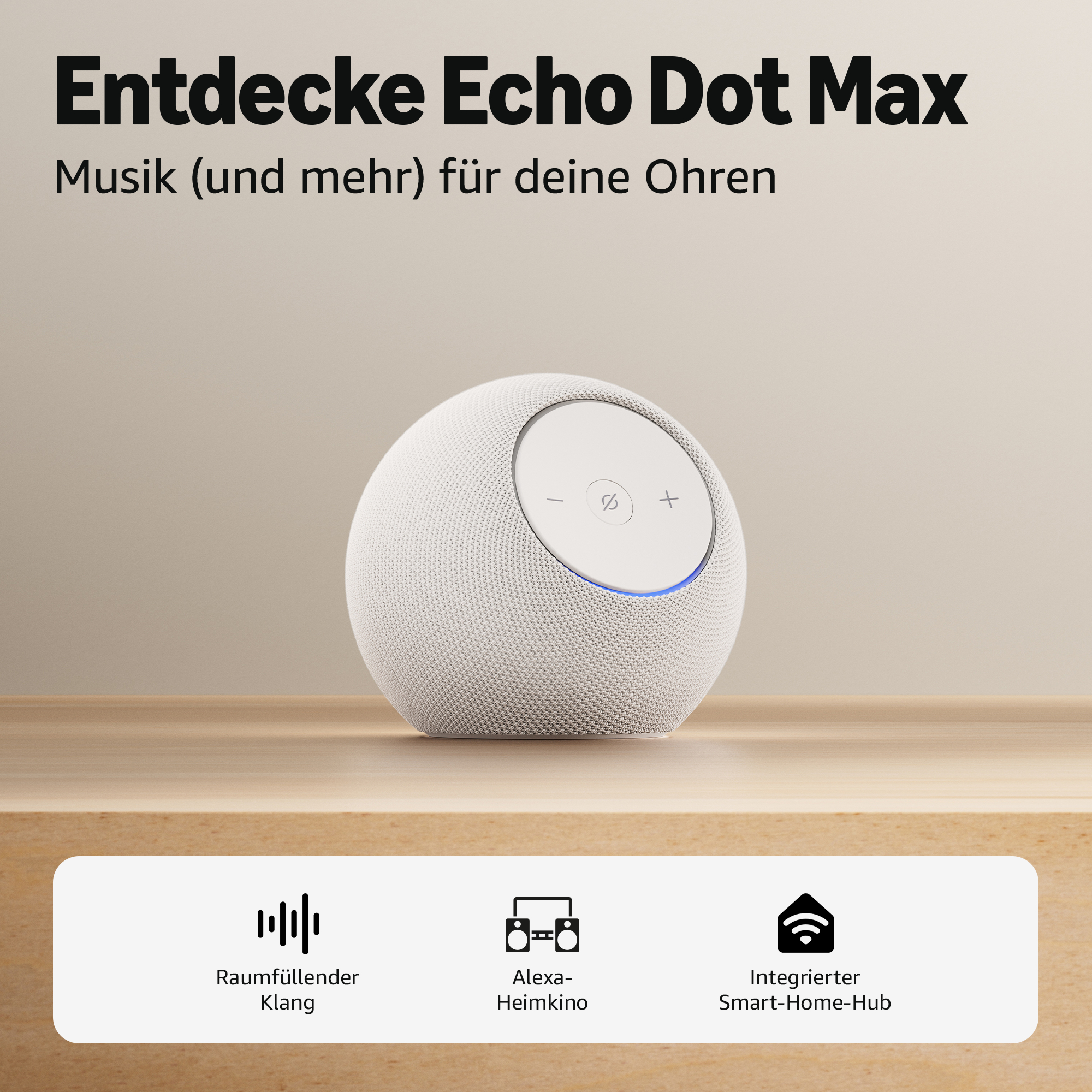 Ein weißer runder Lautsprecher mit Bedienelementen und blauer Beleuchtung.