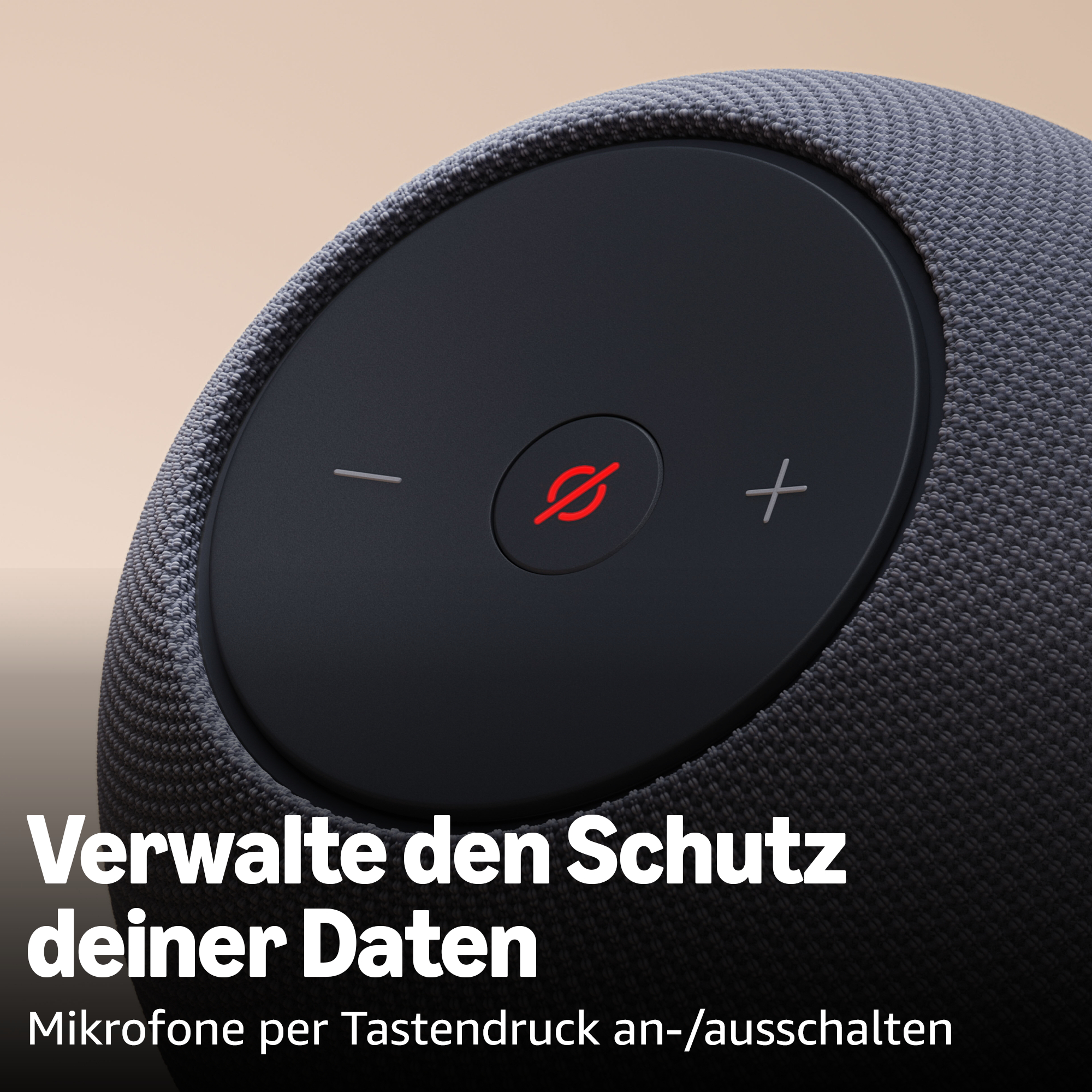 Ein Lautsprecher mit einem roten Mute-Symbol auf schwarzem Knopf.