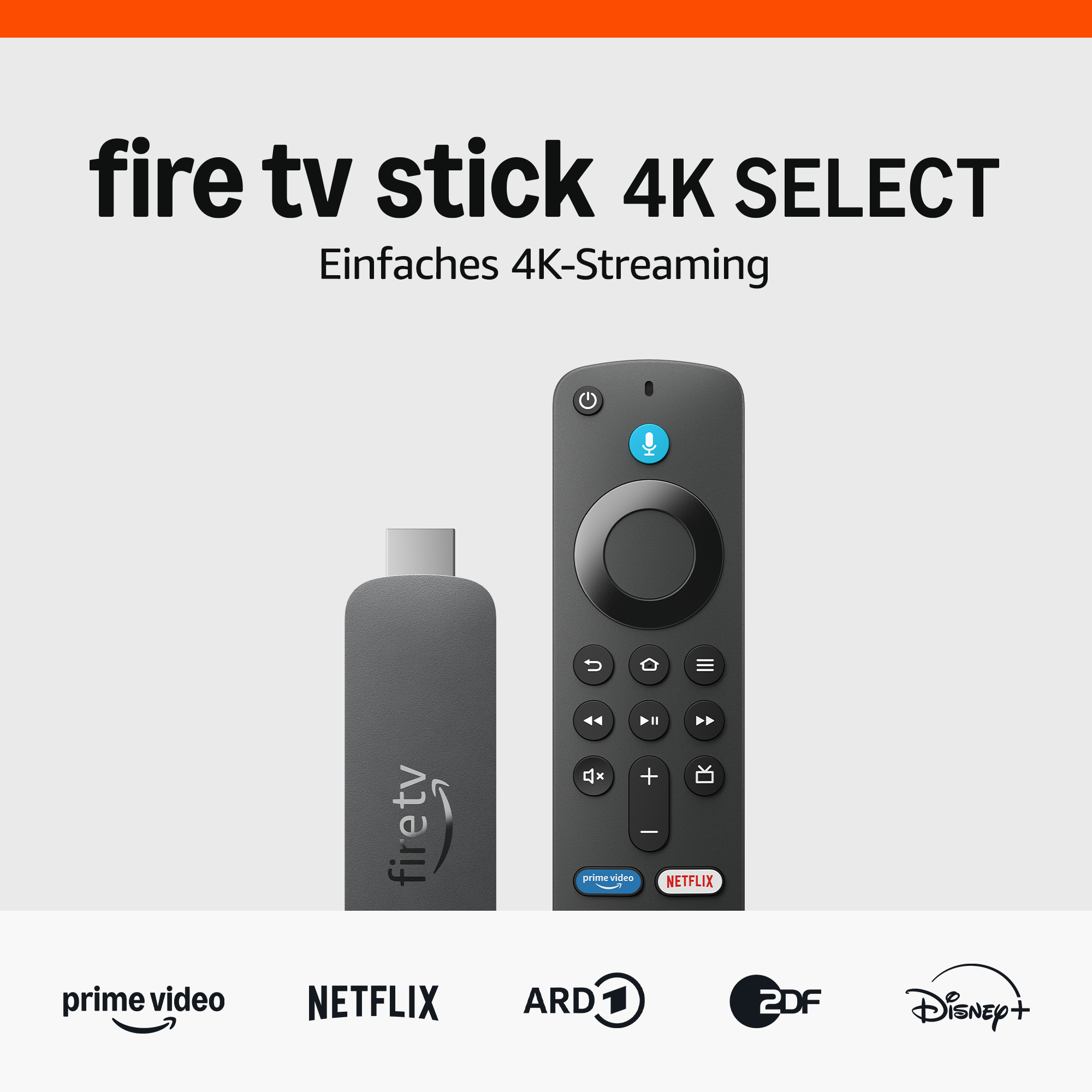 Fire TV Stick 4K Select mit Fernbedienung und Logos von Streamingdiensten.