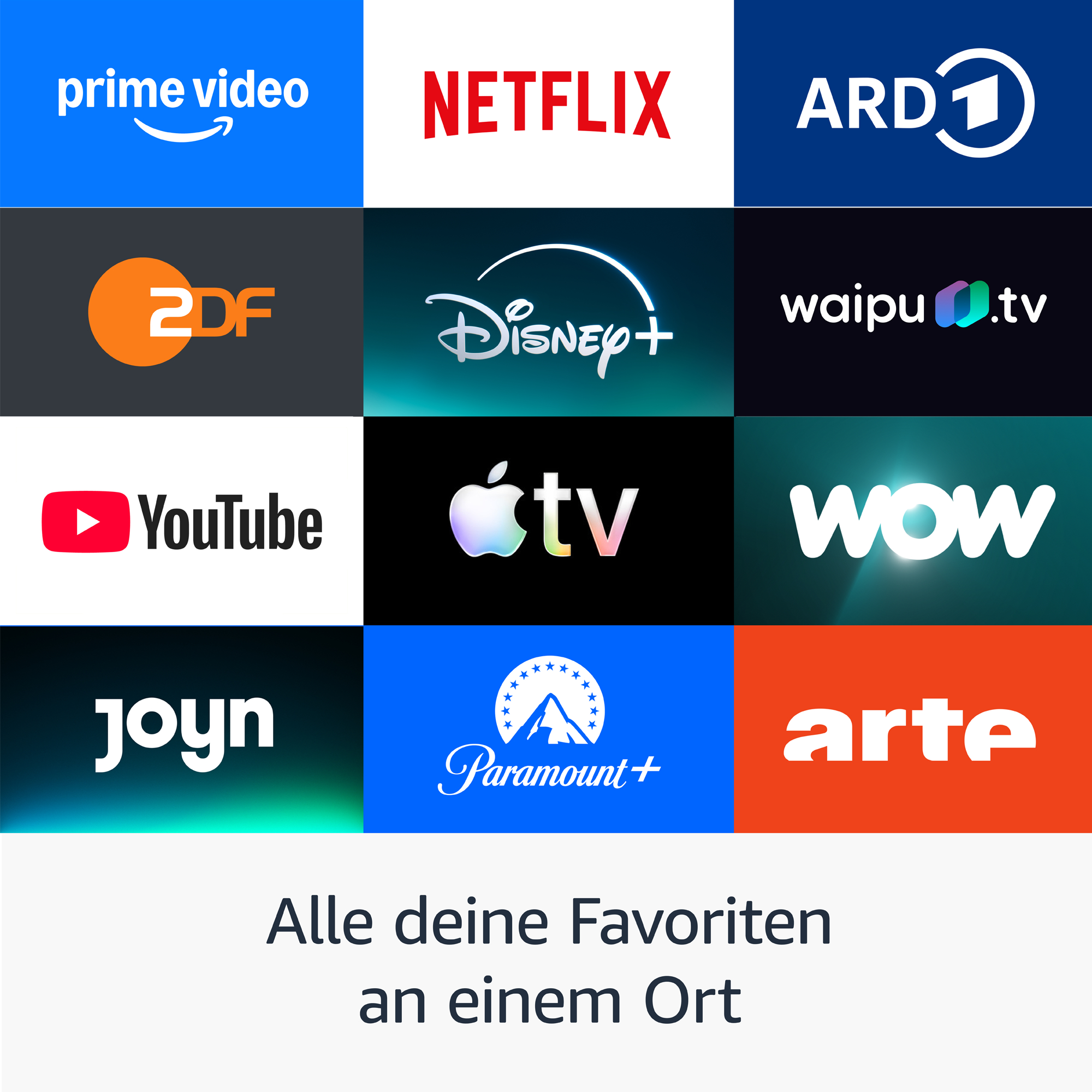 Logos von Streamingdiensten: Prime Video, Netflix, ARD, 2DF, Disney+, Waipu, YouTube, Apple TV, WOW, Joyn, Paramount+, Arte.